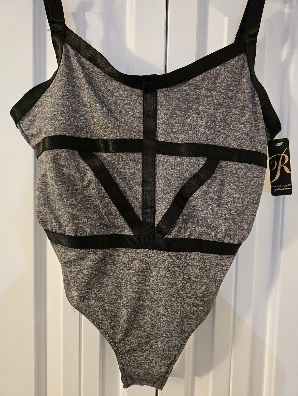 Rampage Heather Gray with Black Geometric Trim Strappy Bodysuit (NWT)
